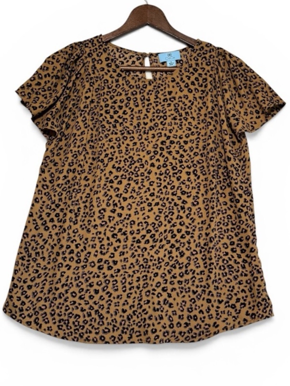 CeCe Leopard Print Short Sleeve Flutter Blouse Top Brown Black Tan Women’s Sz M